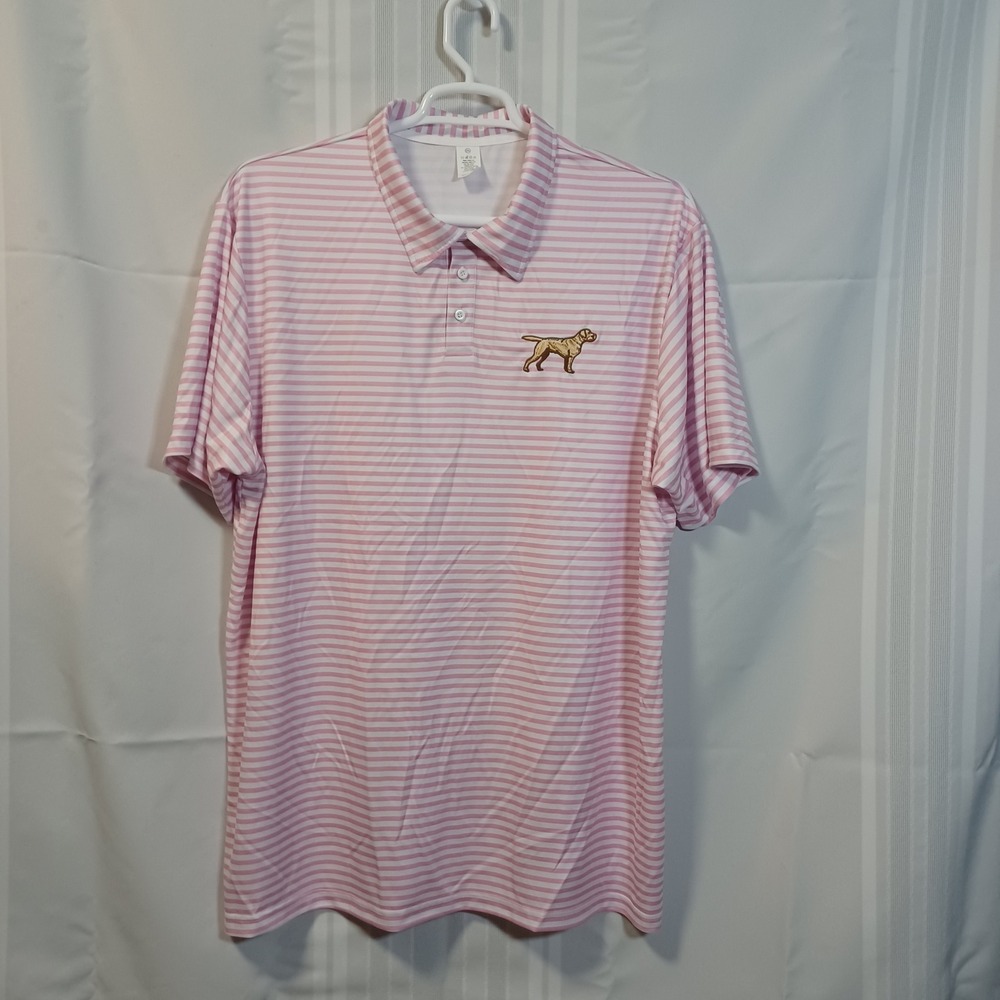 Unbranded Polo Shirt Mens 2XL Pink Striped Dog Embroidered Short Sleeve Preppy